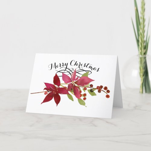 Merry Christmas Red Poinsettia Floral Inside Photo Holiday Card