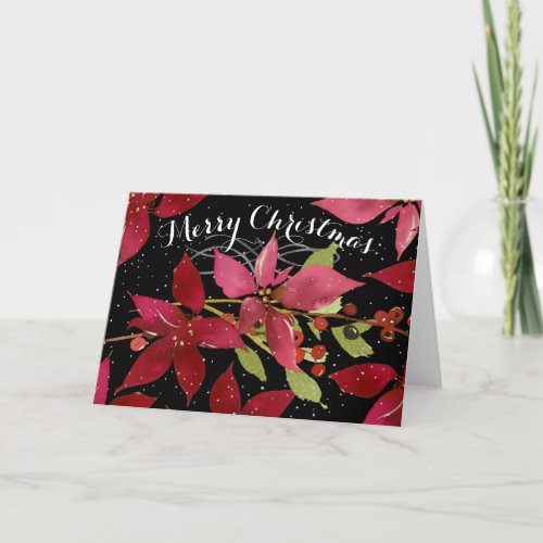 Merry Christmas Red Poinsettia Floral on Black Holiday Card
