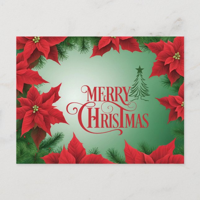 Merry Christmas Red Poinsettia Flowers Holiday Postcard (Front)