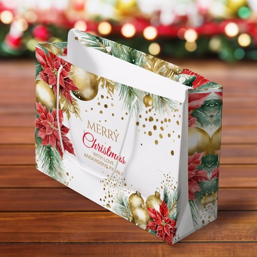 Merry Christmas red poinsettia gold baubles Large Gift Bag