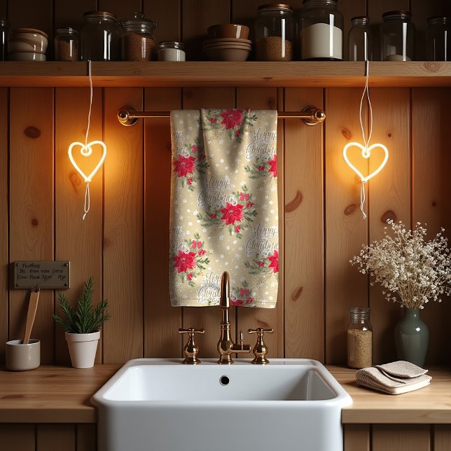 Merry Christmas Red Poinsettia Kitchen Towel (Creator Uploaded)