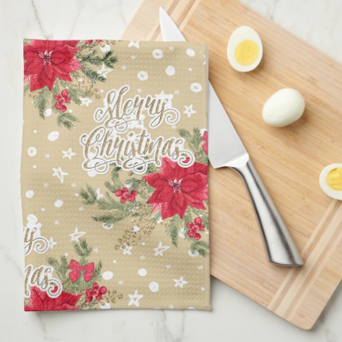 Merry Christmas Red Poinsettia Kitchen Towel