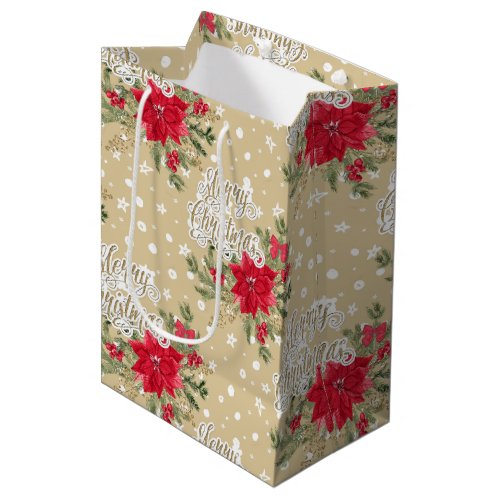 Merry Christmas Red Poinsettia Medium Gift Bag