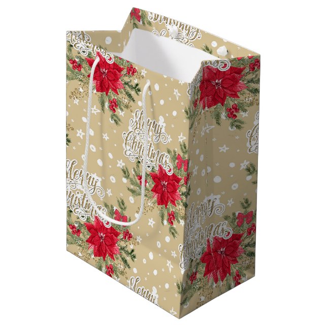 Merry Christmas Red Poinsettia Medium Gift Bag (Front Angled)