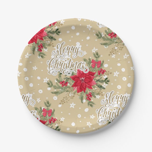 Merry Christmas Red Poinsettia Paper Plates (Front)