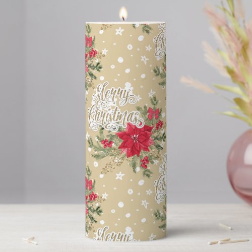 Merry Christmas Red Poinsettia  Pillar Candle
