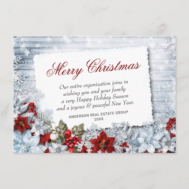Merry Christmas Red Poinsettia Rustic Holiday Card (Front)