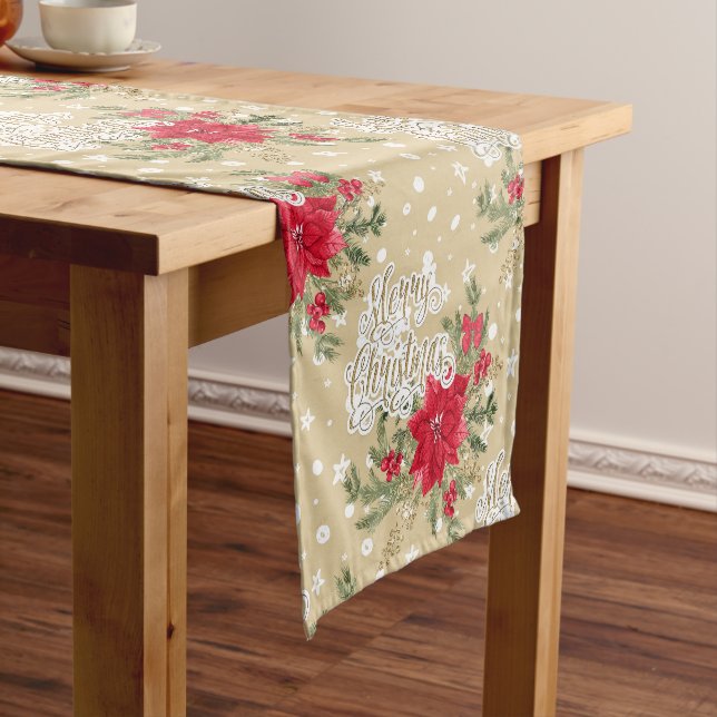 Merry Christmas Red Poinsettia Short Table Runner (In Situ)