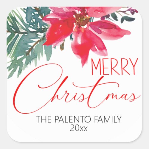 Merry Christmas Red Poinsettia   Square Sticker