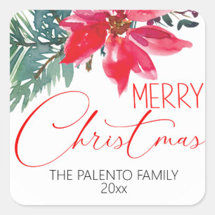 Merry Christmas Red Poinsettia Square Sticker