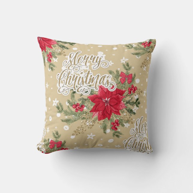 Merry Christmas Red Poinsettia Throw Pillow (Front)