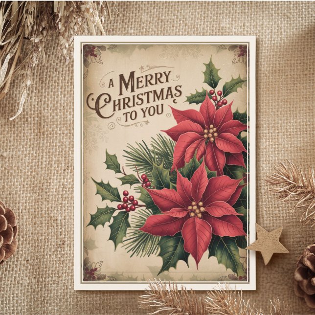 Merry Christmas Red Poinsettia Vintage Holiday Card (Creator Uploaded)