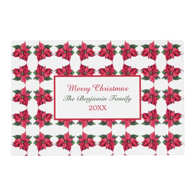 Merry Christmas Red Poinsettias Family Personalize Placemat (Front)
