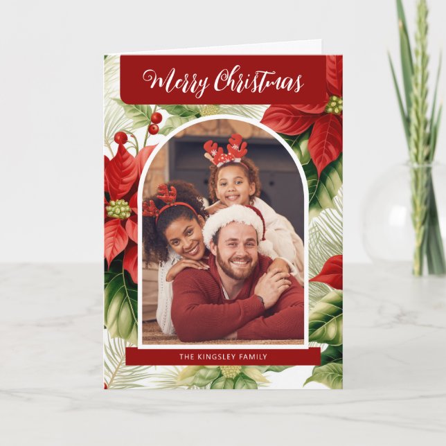 Merry Christmas Red Poinsettias Personalized Photo Holiday Card (Front)