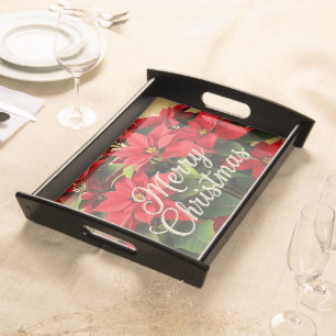 Merry Christmas Red Poinsettias Serving Tray