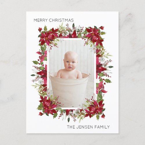 Merry Christmas Red Poinsettias White Modern Holiday Postcard