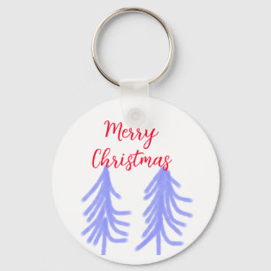 Merry Christmas red purple pastel pine tree waterc Keychain