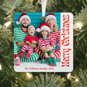 merry christmas red retro calligraphy 2 photos metal ornament