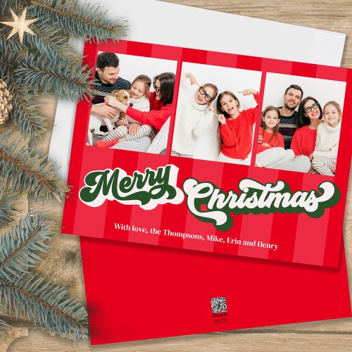 Merry Christmas Red Retro Typography Multi Photo  Holiday Card