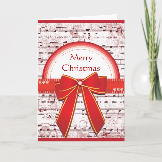 Merry Christmas red ribbon notes greeting card (Front)