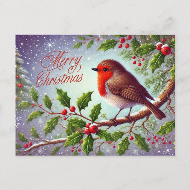 Merry Christmas Red Robin and Berries  Holiday Postcard (Front)
