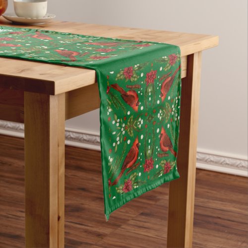 Merry Christmas red robin little bird green bg Long Table Runner