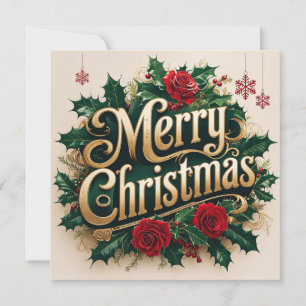 Merry Christmas Red Roses and Berries  Holiday Card