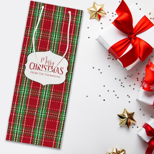 Merry Christmas Red Rustic Farmhouse Holiday Plaid Wine Gift Bag