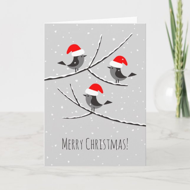 Merry Christmas Red Santa Hat Birds Card (Front)