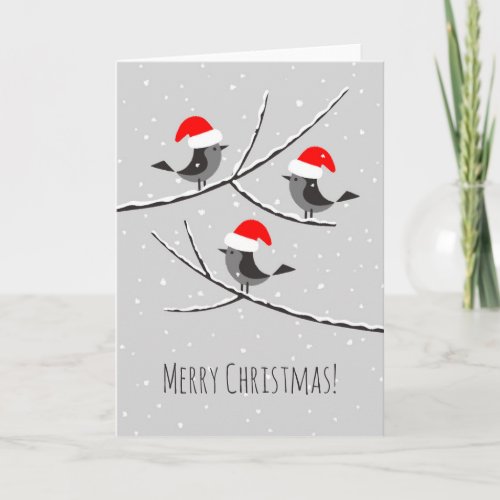 Merry Christmas Red Santa Hat Birds Card