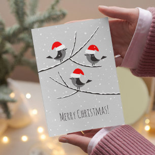 Merry Christmas Red Santa Hat Birds Holiday Card