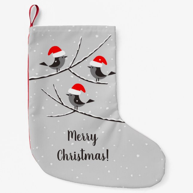 Merry Christmas Red Santa Hat Birds Snow Small Christmas Stocking (Front)
