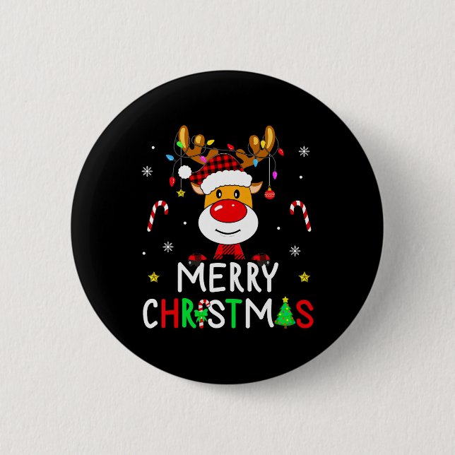 Merry Christmas Red Santa Hat Reindeer Xmas Family Button (Front)