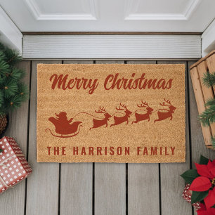 Merry Christmas Red Santa Sleigh Fiber Doormat