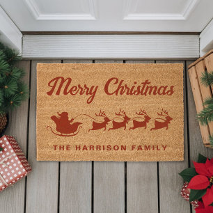 Merry Christmas Red Santa Sleigh Fiber Doormat