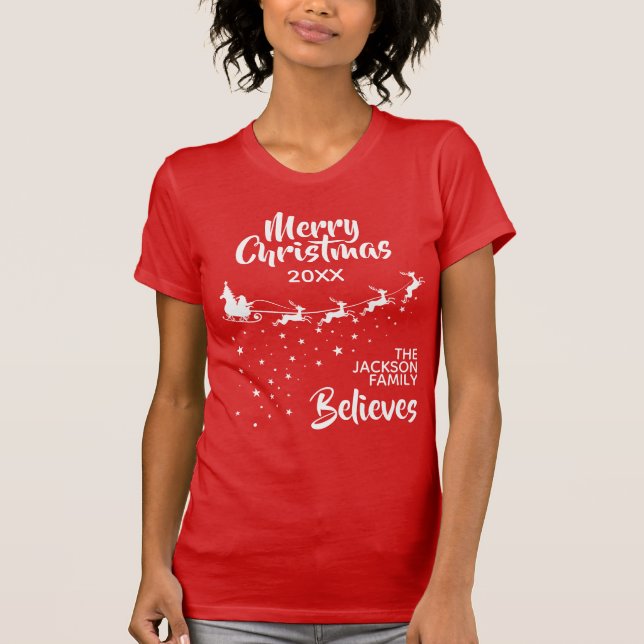 Merry Christmas red Santa sleigh matching family T-Shirt (Front)