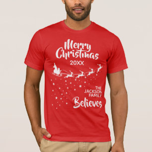 Merry Christmas red Santa sleigh matching family T-Shirt
