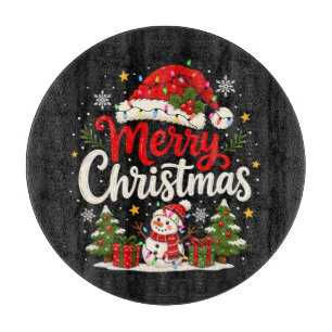 Merry Christmas Red Santa Snowman Xmas Lights Cutting Board