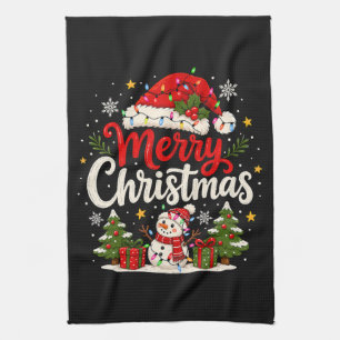 Merry Christmas Red Santa Snowman Xmas Lights Kitchen Towel