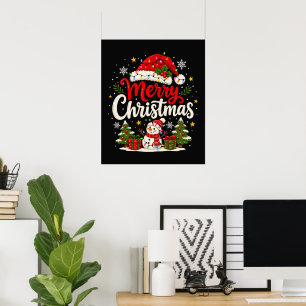 Merry Christmas Red Santa Snowman Xmas Lights Poster