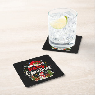 Merry Christmas Red Santa Snowman Xmas Lights Square Paper Coaster