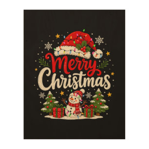 Merry Christmas Red Santa Snowman Xmas Lights Wood Wall Art