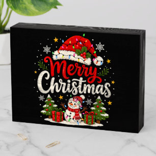 Merry Christmas Red Santa Snowman Xmas Lights Wooden Box Sign