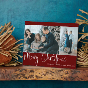 Merry Christmas Red Script 2 Photo Collage Holiday Plaque