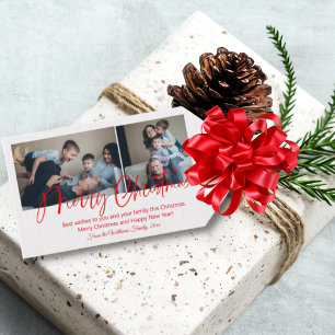 merry christmas red script 2 photos collage family gift tags