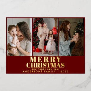 Merry Christmas Red Script 3 Collage Multi-Photo Foil Holiday Card