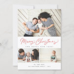 Merry Christmas Red Script 3 Collage Multi-Photo Holiday Card<br><div class="desc">Featuring modern brush script in red with 3 of your photos. Comes with a photo on the back as well.</div>