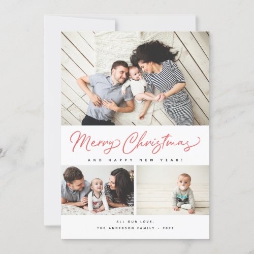 Merry Christmas Red Script 3 Collage Multi_Photo Holiday Card