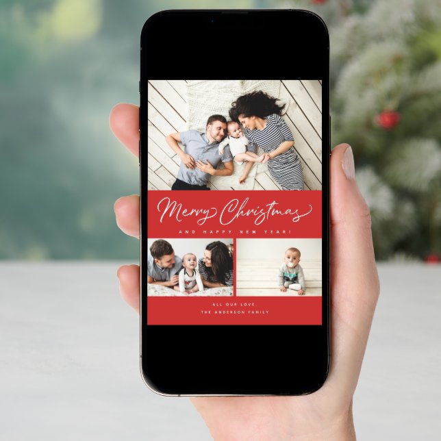 Merry Christmas Red Script 3 Collage Multi-Photo Holiday Card (Front Digital)