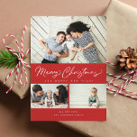 Merry Christmas Red Script 3 Collage Multi-Photo Holiday Card<br><div class="desc">Featuring modern brush script in red with 3 of your photos. Comes with a photo on the back as well.</div>